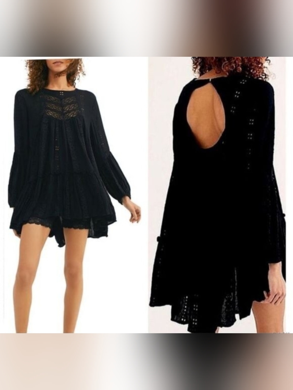 Free People Black Lace-Paneled Open-Back Mini Dress